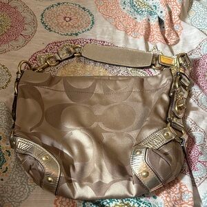 Coach Tan and Khaki Signature Canvas and Good Metallic Bag